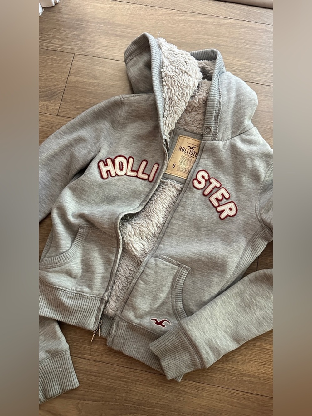 Hollister Gray Fleece-Lined Hoodie Jacket with Red Lettering - Y2K